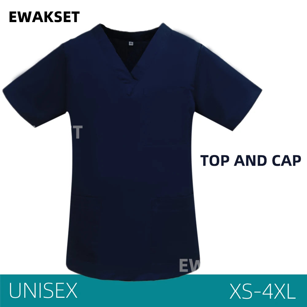 Unisex Solid Surgical Top 100% Cotton Shirt medical Uniforms Short Sleeve V-neck 3 Pocket Scrub Tops for Women Men