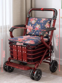 Foldable Shopping Cart with Seat 4 Wheel Walker Push Cart Large Capacity Grocery Trolley for Elderly Outdoor Mobility