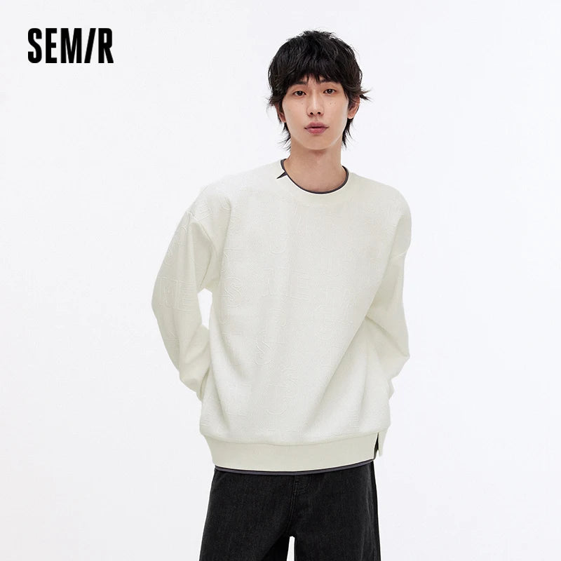 Semir Hoodie Men Color Block Fake Two Piece 2025 Autumn New Textured Letter Jacquard Casual Top