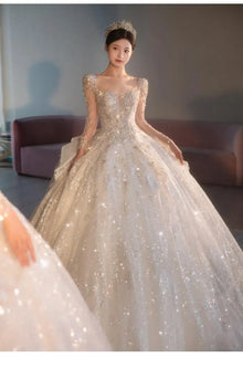 2024 Long Sleeve Beading Wedding Dress  Square Collar Luxury Sweep Train Winter Bridal Gowns Vestido De Noiva Customized
