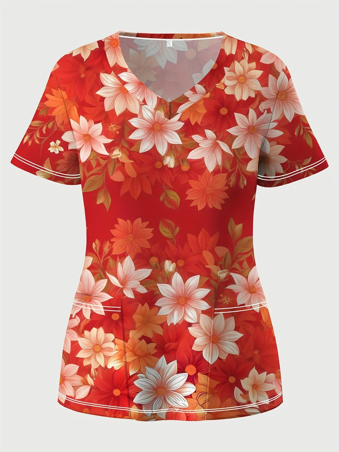 Fashion floral Nurse Uniform Short-Sleeve Shirt Commuting Work V-Neck Top Short Sleeves Functional Patch Pockets Women's T-Shirt