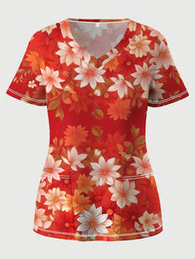 Fashion floral Nurse Uniform Short-Sleeve Shirt Commuting Work V-Neck Top Short Sleeves Functional Patch Pockets Women's T-Shirt