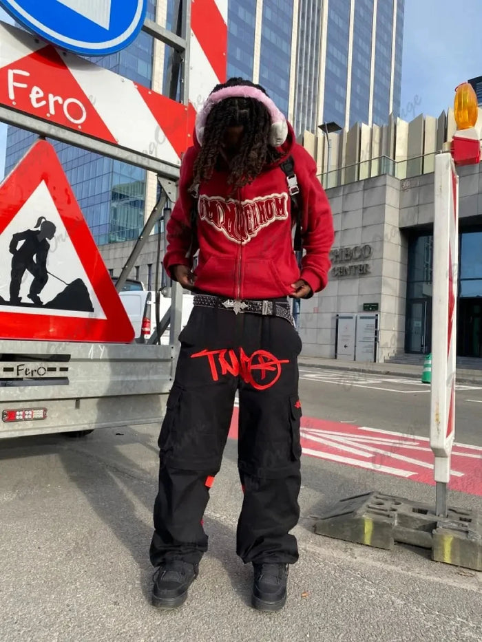 Pantalon cargo streetwear rétro Y2K hip-hop pour hommes et femmes, pantalon décontracté noir à imprimé lettres, salopette ample, jogging Harajuku