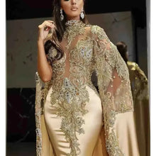 Customized Arabic Mermaid Prom Dresses With Long Shawl Sparkly Lace Beaded Appliuqes Plus Size Formal Evening Ocn Gowns
