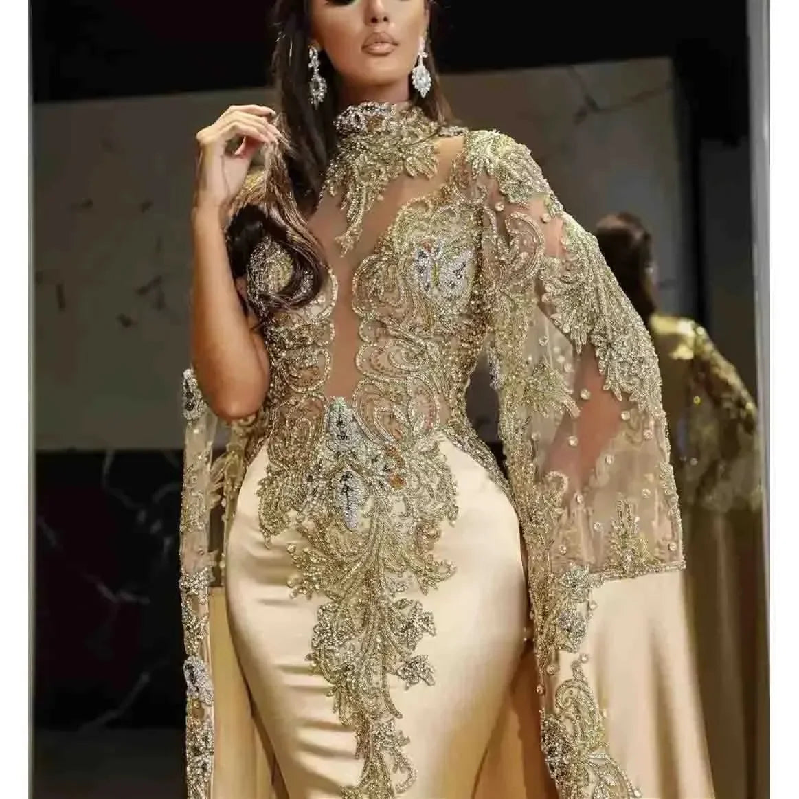 Customized Arabic Mermaid Prom Dresses With Long Shawl Sparkly Lace Beaded Appliuqes Plus Size Formal Evening Ocn Gowns