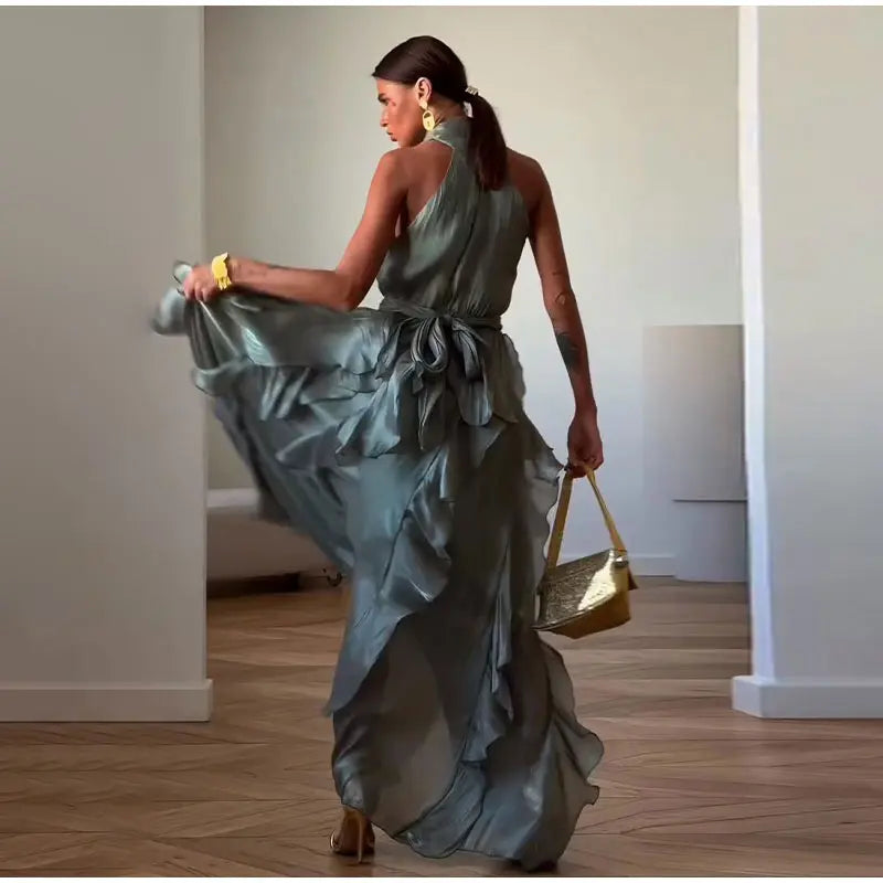 Sexy Cascading Ruffle Pleated Women Long Dress Fashion Lace Up Sleeveless Empire Female Dresses 2026 Spring Summer Lady Robe