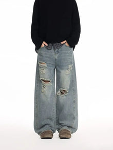 High Waist Men's Blue Jeans Aesthetic Vintage 2000s Streetwear Y2K Wide Leg Jeans 2026 Autumn Ripped Trouser Baggy Denim Pants