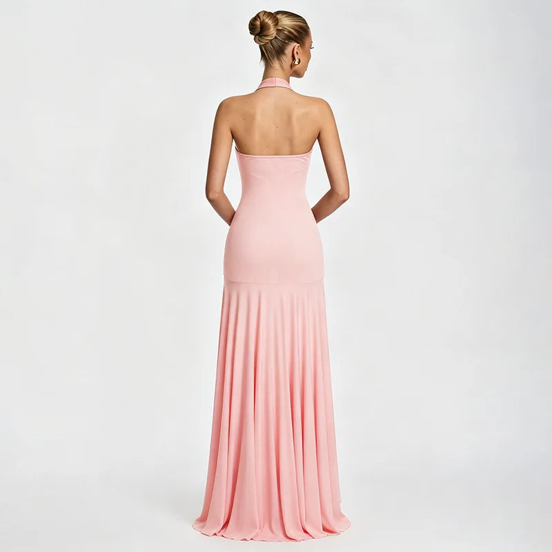 2026 NEW Summer Women Halter Front Cut Out V Neck Bodycon Maxi Dress Sleeveless Sexy Elegant Club Evening Party Long Dress