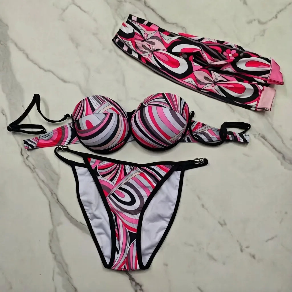 2026 Fashion Design Women's Red Scarf Sling Swimsuits Classic Brand Lady Scarf Bikini Sets with Letter Signature Logo