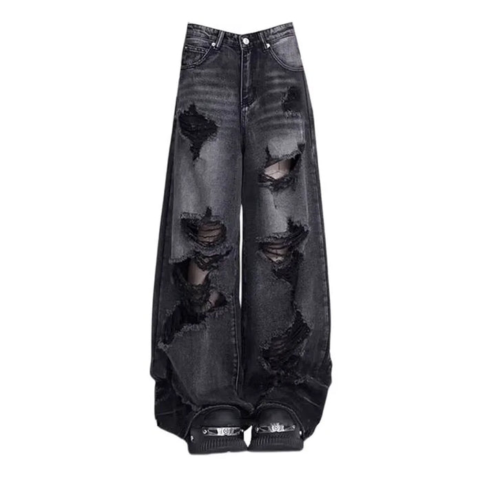 Jean noir vintage taille haute, coupe large et droite, style baggy Y2K, pantalon femme tendance avec déchirures