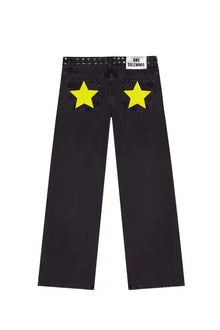 Gothic Womens ONE DILEMMA Jeans Y2K Clothing Fashion Sequin Five Pointed Star Rivet Retro Jeans Mid Rise Wide Leg Trousers