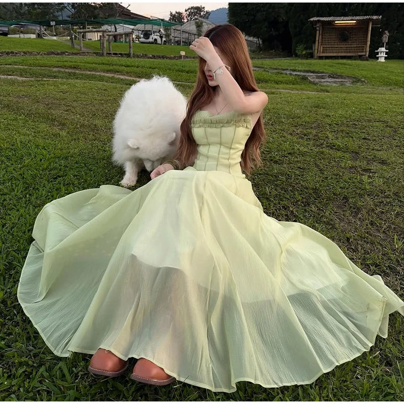 Spaghetti Strap Chiffon Lace Trim Flared Dress Sleeveless Waist Cinched 2026 Summer Formal Women Gown Chic Causal Lady Vestido