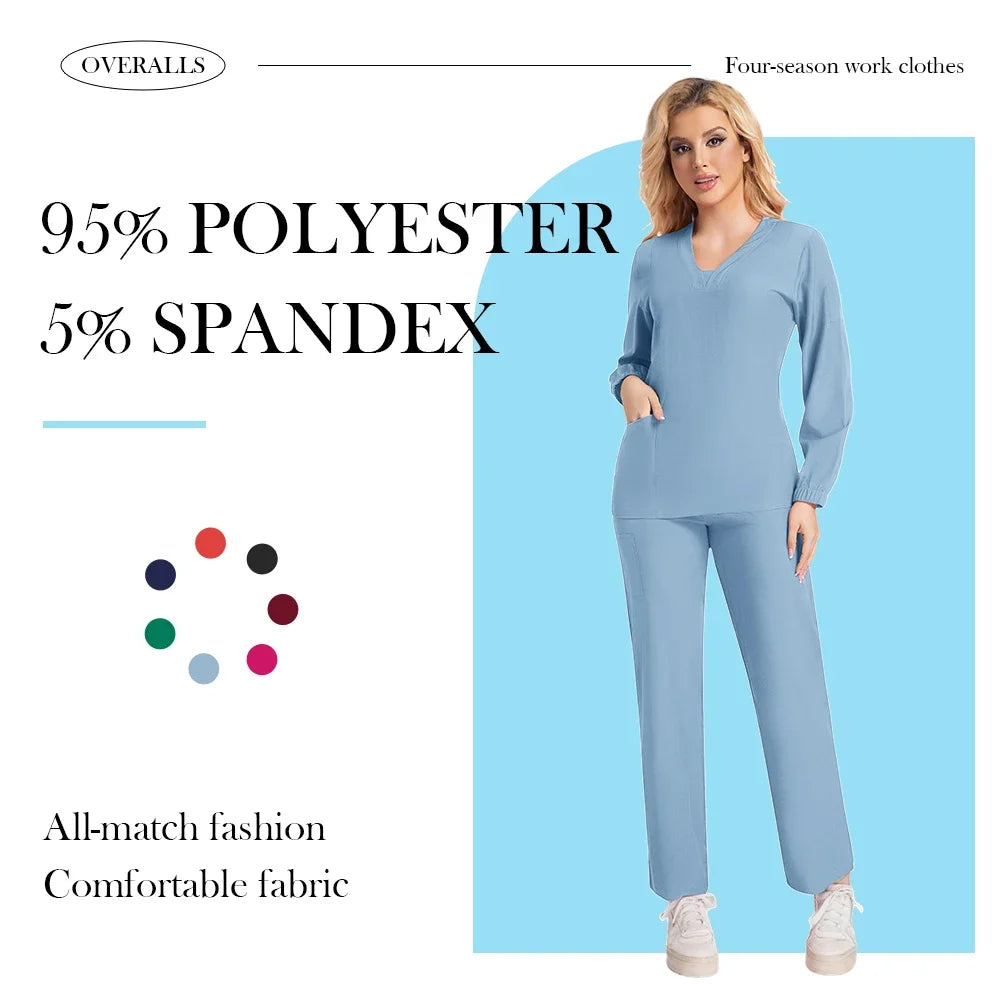 New Scrubs Nurse Uniforms Long Sleeve V-neck Top+Straight Pants Women Multicolor Nursing Scrubs Set Pet Doctor Medical Workwear