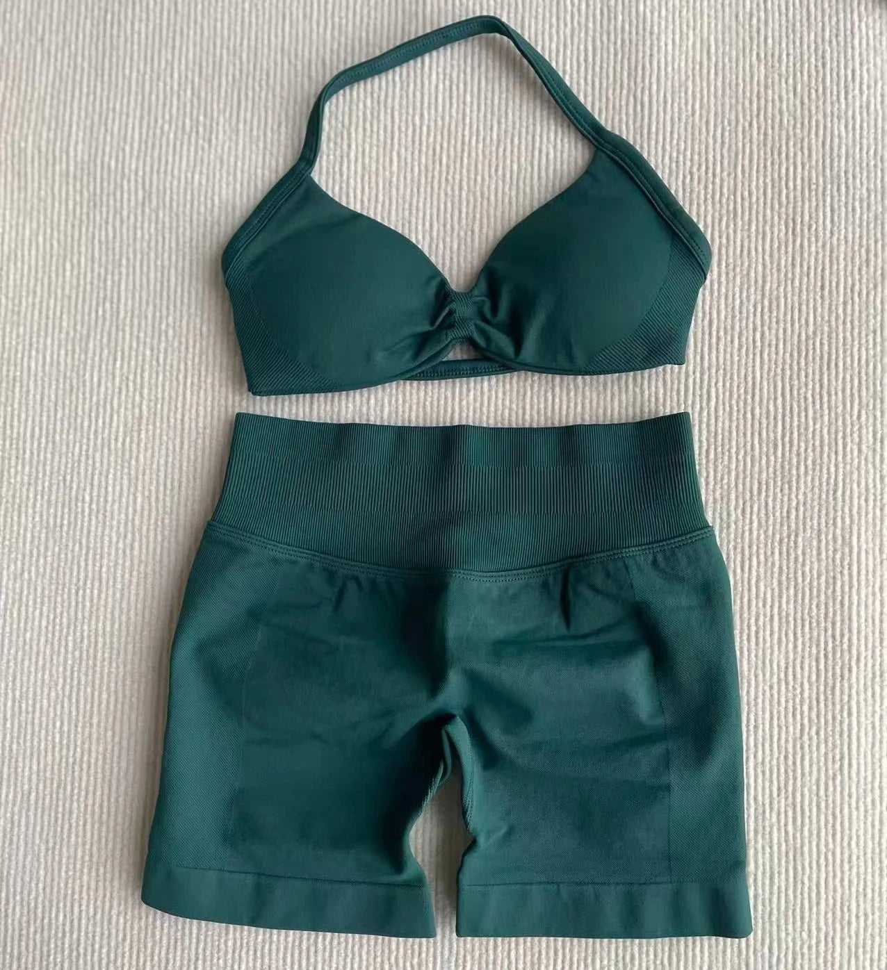 NO Logo Gym impact shorts set Strap Top Women's Long Line Strap Vest Pads Yoga Clothes Fitness Exercise Running Sports Clothes