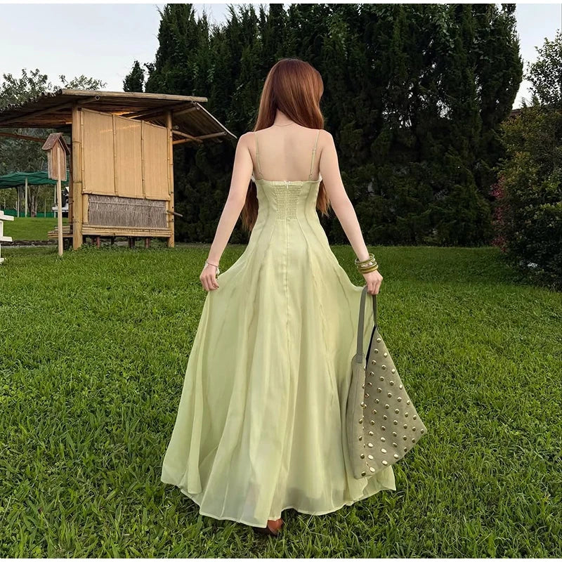 Spaghetti Strap Chiffon Lace Trim Flared Dress Sleeveless Waist Cinched 2026 Summer Formal Women Gown Chic Causal Lady Vestido
