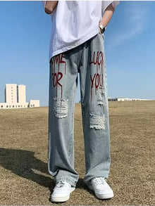 Y2k Streetwear Printed Ripped Hole Jeans Men Wide Leg Denim Baggy Pants Vintage Casual Jeans Straight Trousers