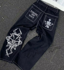 Retro Skull Embroidery Y2K Jeans Mens Hip Hop Washed Baggy Denim Pants New Straight Casual Loose Wide Leg Trouser Streetwear