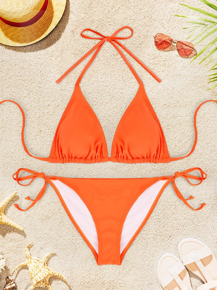 2Pcs Sexy Bikini Swimsuit For Women Solid Color Swimwear Summer Bathing Suits Females Backless Beachwear Halter Swimwear