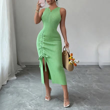 Women's Blue Sleeveless Crew Neck Ruched Side Sundress Stretchy Ribbed Knit Bodycon Midi Dress Slit Summer Daily Party Dress