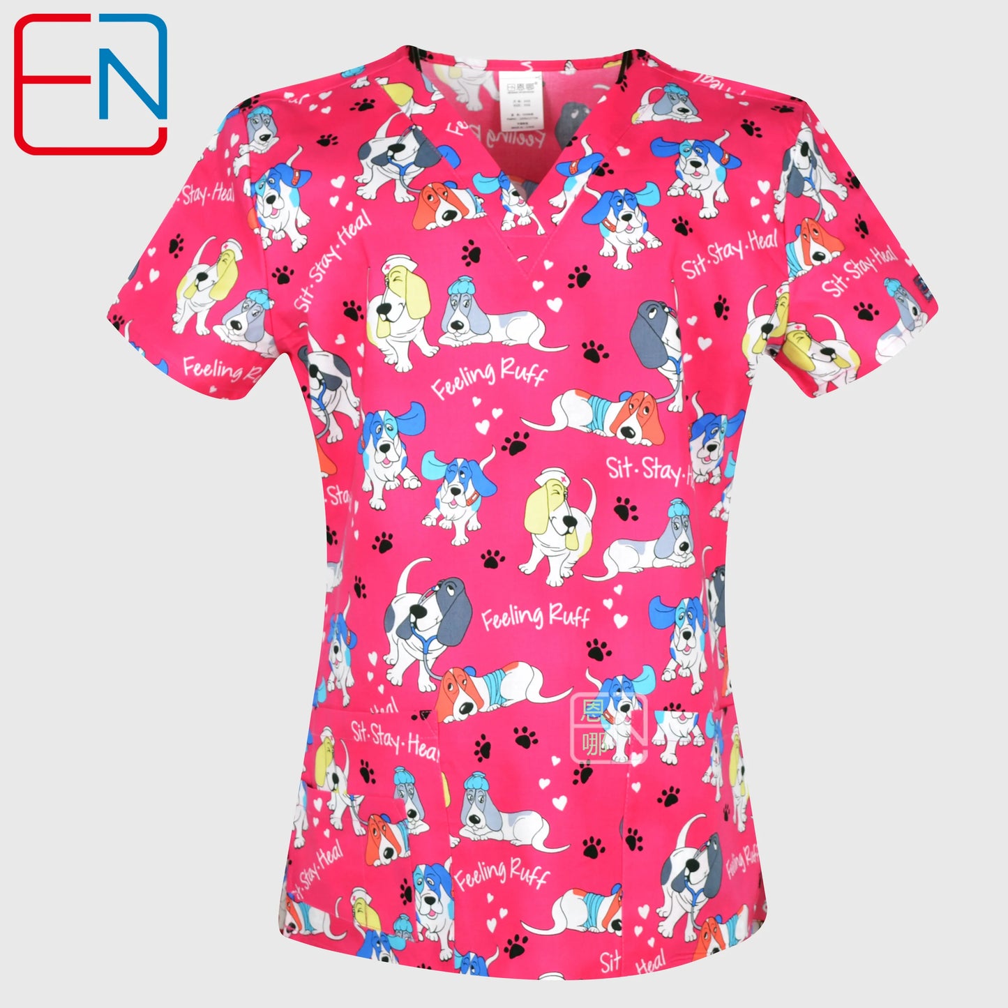 Hennar Print Vet Scrub Uniform For Women In 100% Cotton 4 pockets,XXS-5XL Pet Doctors Medical Scrub Tops