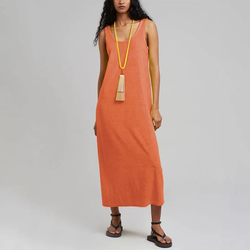 Fashion Chic Elegant Summer Dresses Woman Terry Cloth Casual O-Neck Sleeveless Basic Long Maxi Dresses Vestidos De Mujer