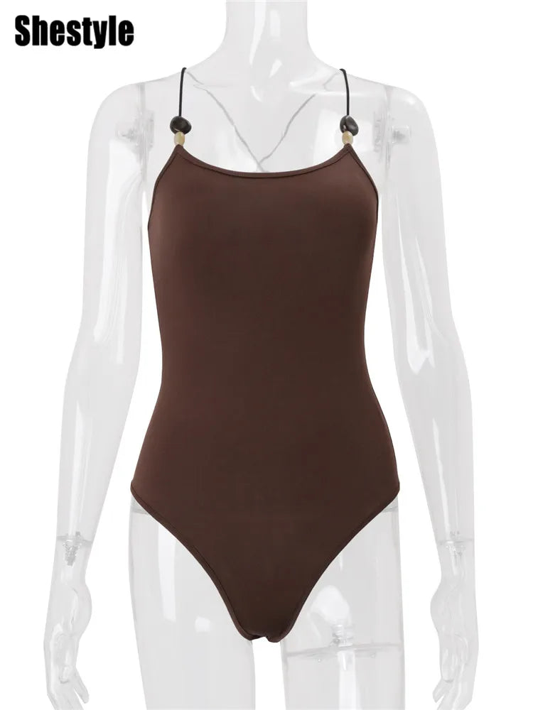 Brown Solid Spaghetti Strap Bodysuit Women Summer Sleeveless