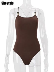 Brown Solid Spaghetti Strap Bodysuit Women Summer Sleeveless