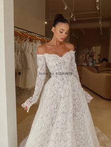 Customized Elegant Lace Off-Shoulder Bridal Dress Long Sleeve Ball Gown Wedding Dress Glamorous Bridal Gown for Formal Weddings