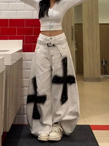 Subculture High Street Y2k Jeans Vintage Loose Pockets Pants Mid Waist Button Full Length Graffiti Chic Denim Pants New Harajuku