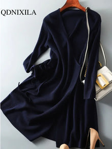 Autumn Winter Sweater Dress V Neck Wrap For Women Korean