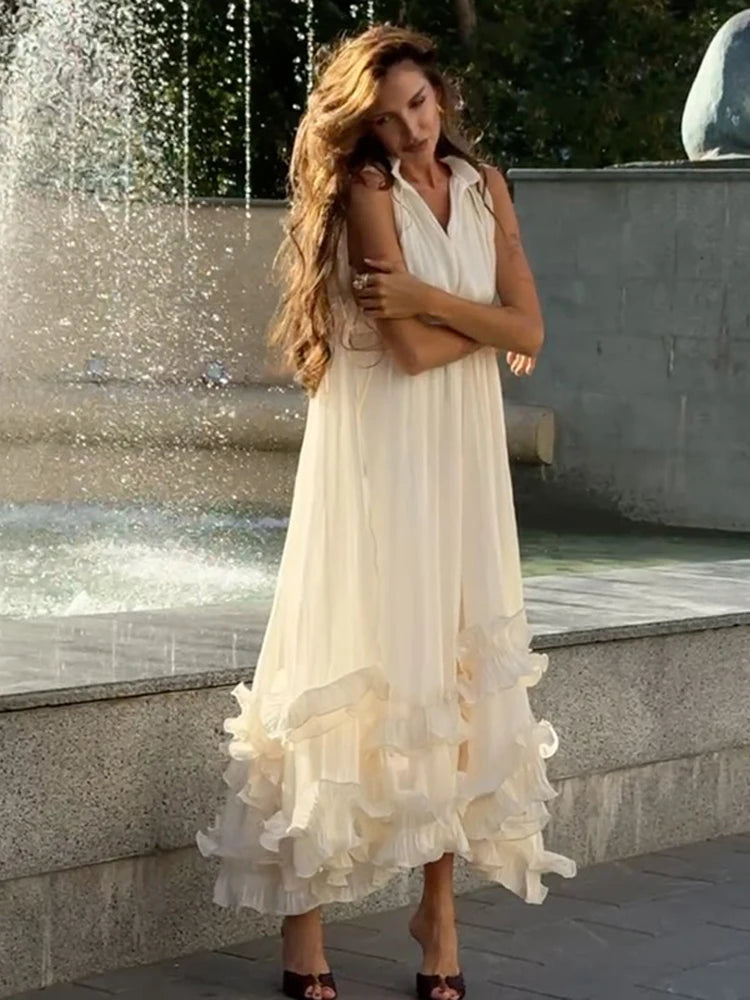 Women Solid Cloak Long Dresses Fashion Stand Neck Lace Sleeveless Ruffle Irregular Hem Dress 2025 New Summer Street Lady Gown