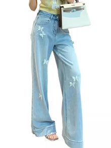 Y2K Vintage Butterfly Print Jeans for Women Straight  Wide Leg Baggy High Waist Denim Pants Korean Streetwear Aesthetic 90s Vibe