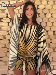 Holiday Loose Striped Mini Dress Women Round Neck Batwing Sleeve Lace Up Chic Dresses Female 2026 Summer Vacation Beach Robes