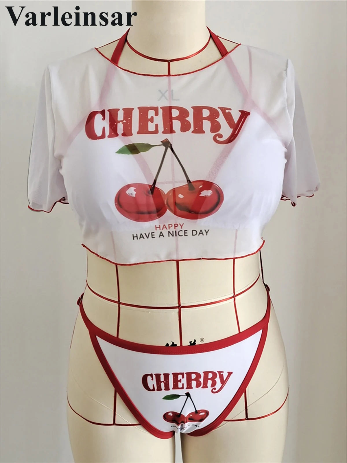 Cherry Three Piece Bikini Set Plus Size Women Swimsuit V7329