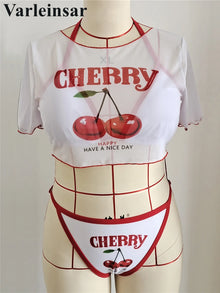 Cherry Three Piece Bikini Set Plus Size Women Swimsuit V7329