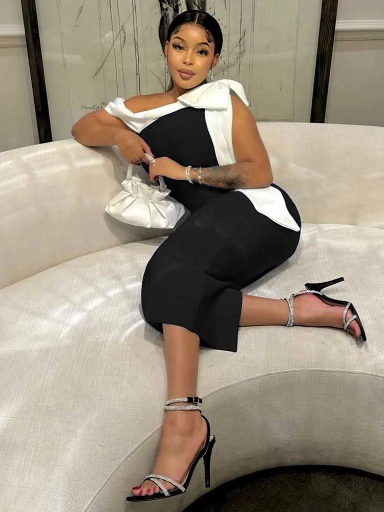 Women Summer Midi Knitted Dress High Waist Elegant One Piece