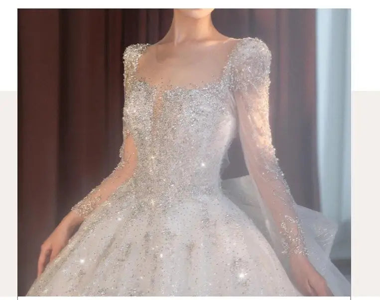 2024 Long Sleeve Beading Wedding Dress  Square Collar Luxury Sweep Train Winter Bridal Gowns Vestido De Noiva Customized
