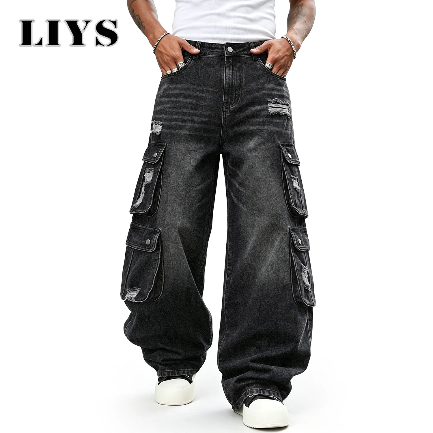 LIYS Men Retro Black Wash Multi Pocket Cargo Jeans Ripped Baggy Wide Leg Y2K Streetwear Denim Pants Tactical Loose Trousers