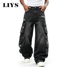 LIYS Men Retro Black Wash Multi Pocket Cargo Jeans Ripped Baggy Wide Leg Y2K Streetwear Denim Pants Tactical Loose Trousers