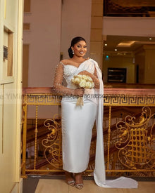 Pearls Wedding Dresses for Bride 2025 Sheer Neck Long Sleeve Lace up Closure Ankle Length Africa Bridal Gowns Customized