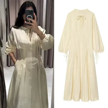 Women's Dress 2026 Summer New Beige Long-Sleeve Loose Tie-Decorated Long Dress Elegant and Graceful Beach Vacation