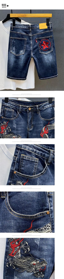 Men's Jeans Summer Dragon Embroidery Denim Shorts Fashion Street Styles Slim Fit Half Length Jean