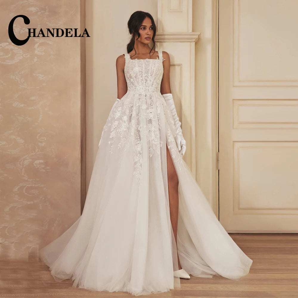 CHANDELA Trendy A-line Wedding Dress Bridal Sleeveless Tulle Lace Appliques Lacing up Brush Train Vestidos Para Mujer Customised