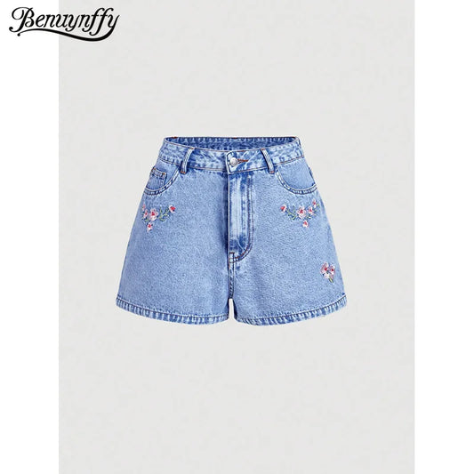 Benuynffy Floral Embroidery Denim Shorts Women Summer 2026