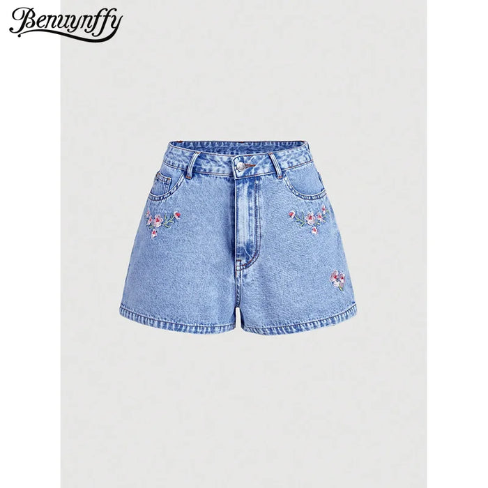 Benuynffy Floral Embroidery Denim Shorts Women Summer 2026