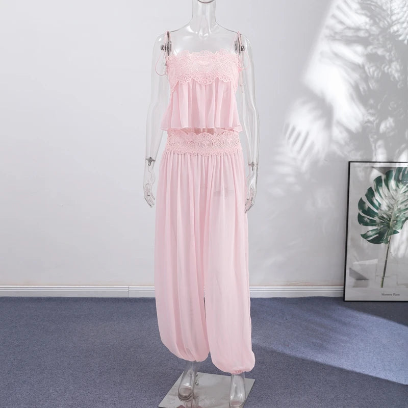 Women Pant Set Sheer Layers Spaghetti Strap Backless Lace Top Straps Solid Loose Straight Elastic Hem Fashion Beach Chic Suits