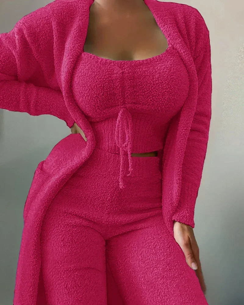 2026 New Luxury Women's Plush Pajamas Set Crop Top+Long Pants+Coat 3 Pieces Suit Homewear Female Matching Sets Warm Pyjamas Pjs