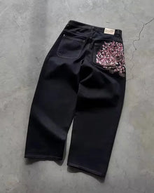 Vintage Low Waist Hip Hop Cherry Blossom Embroidered Jeans  Wide Leg Trousers Y2K Clothes Mens Womes Embroidered Baggy Jeans