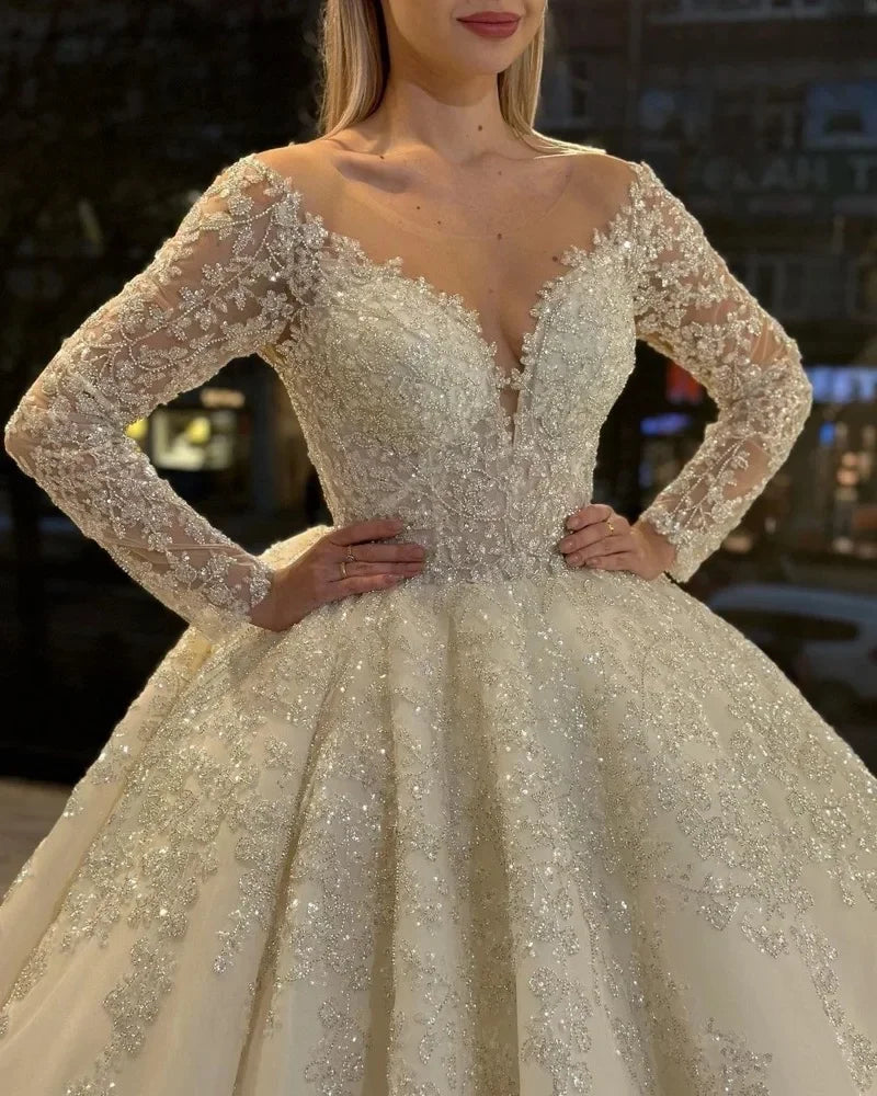 Flavinke Customized A-Line Wedding Dresses Women Sequins Appliques Bridal Gown O-Neck Long Sleeves Sweep Train Vestidos De Novia