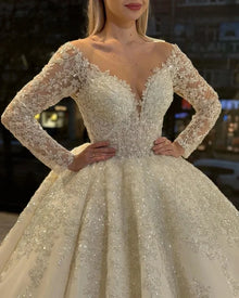 Flavinke Customized A-Line Wedding Dresses Women Sequins Appliques Bridal Gown O-Neck Long Sleeves Sweep Train Vestidos De Novia